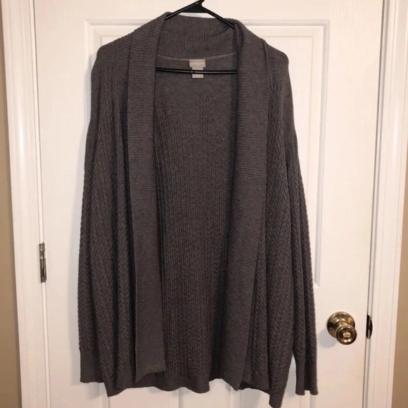 Chico's Size 2 or L/12 Grey Cardigan Sweater Open Front Cable Knit Shawl Collar - Picture 1 of 7